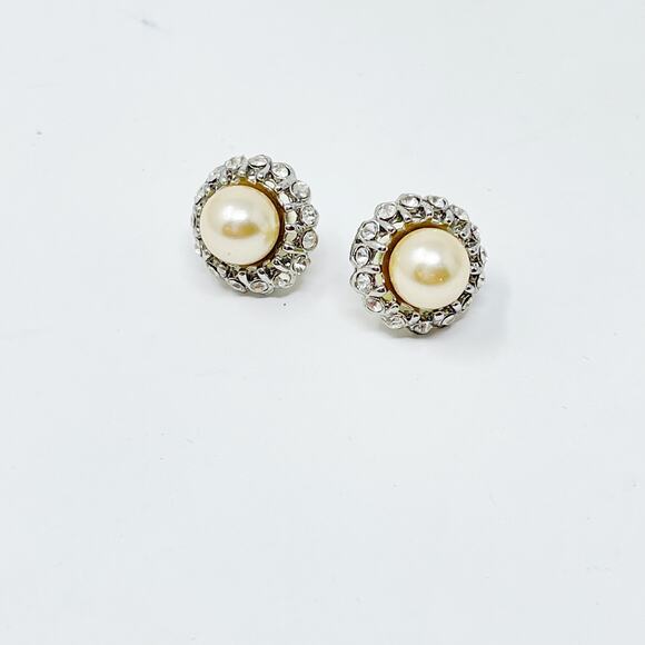 Faux Pearl and Rhinestone Embellished Earrings Chunky Large Silver Tone Fashion - Picture 1 of 4